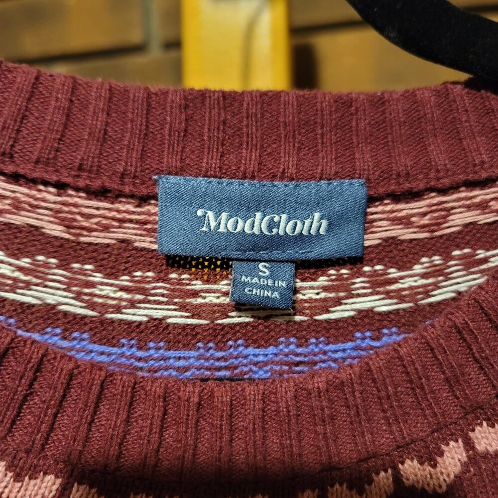 ModCloth Unicorn Heart Fair Isle Sweater Burgundy Knit - Size Small - Picture 2 of 6